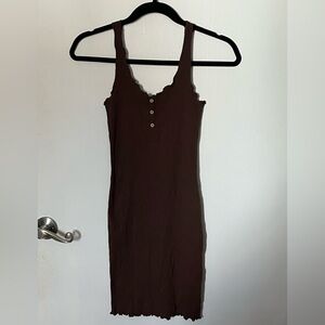 Brown Ribbed & Ruffle Bodycon Dress